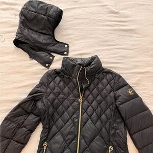 Michael Kors Black Quilted Puffer Jacket with Gold Details